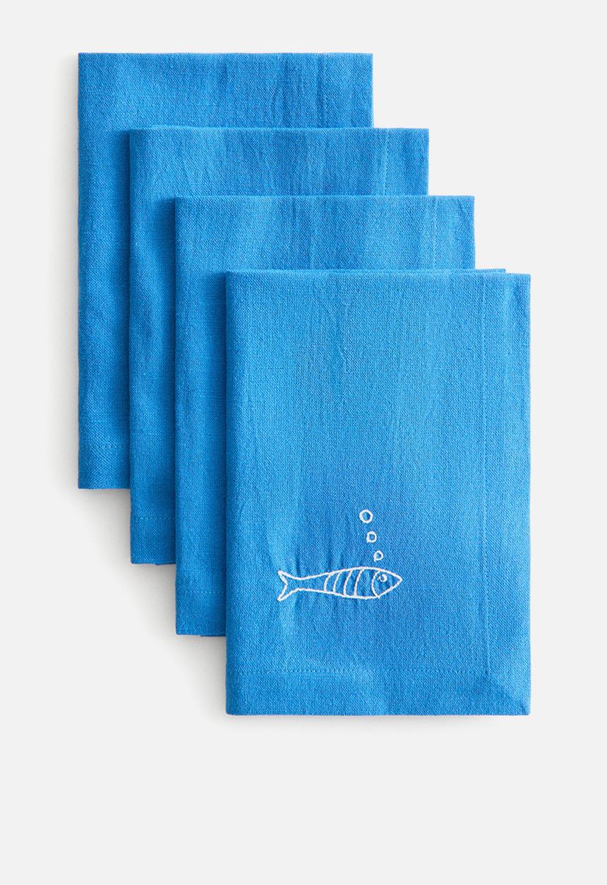 H&M - 4-Pack embroidery-detail linen-blend napkins - blue/fish