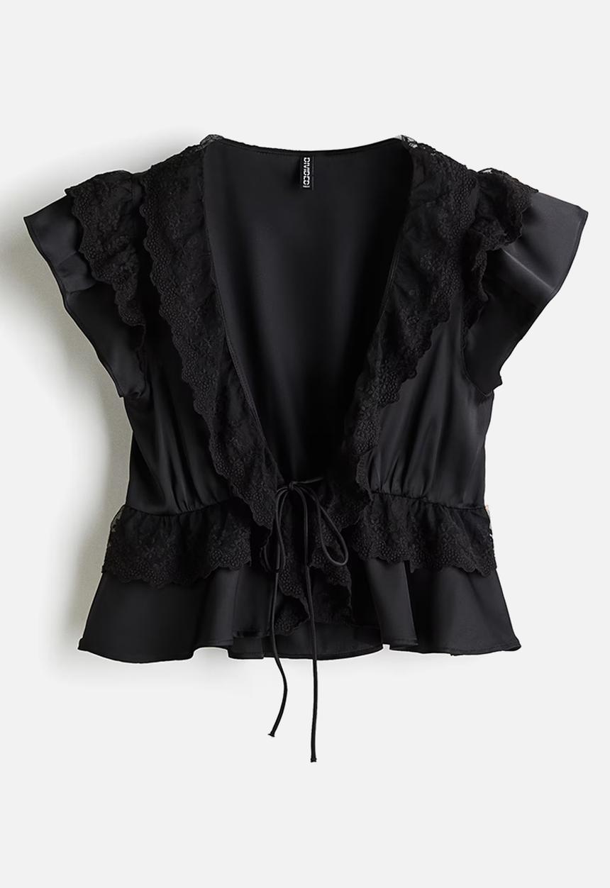 H&M - Flounce-trimmed satin blouse - black