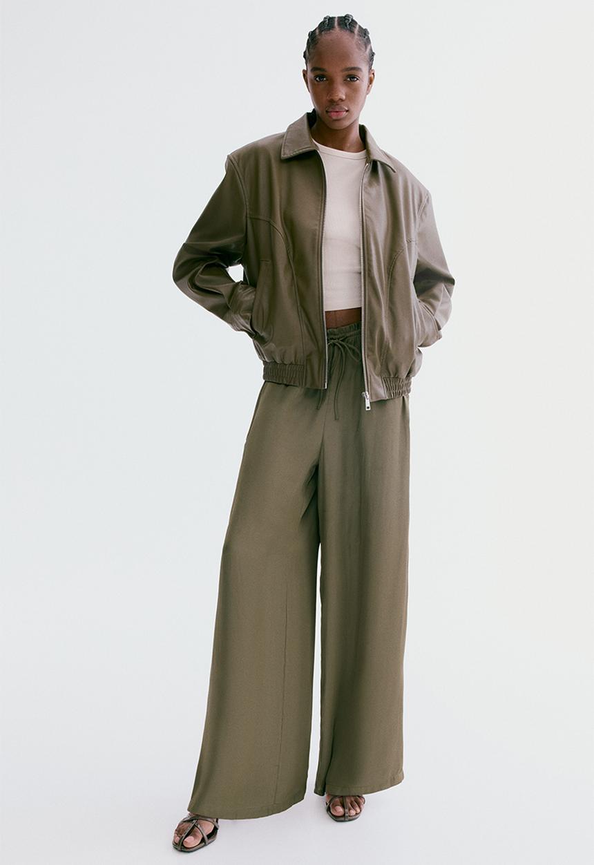 H&M - Satin drawstring trousers - dark khaki green