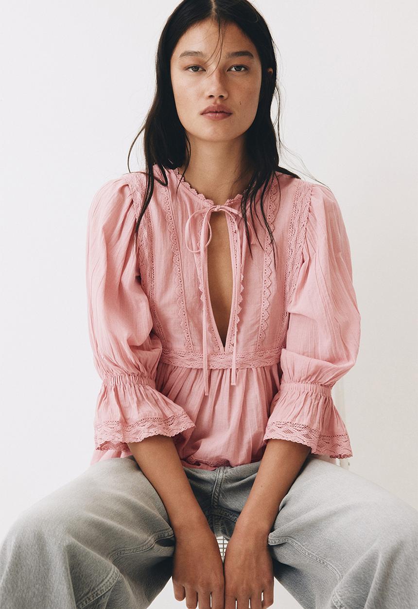 H&M - Lace-trimmed cotton blouse - pink
