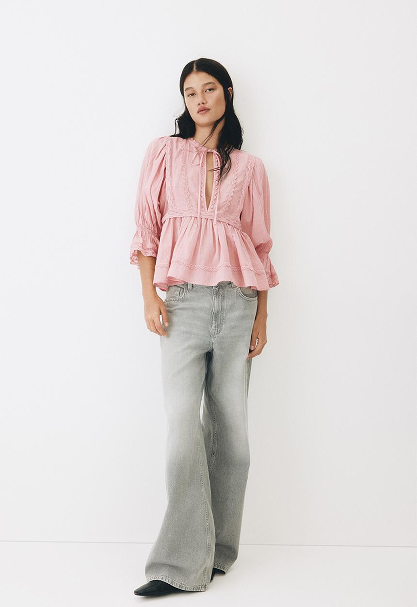 H&M - Lace-trimmed cotton blouse - pink