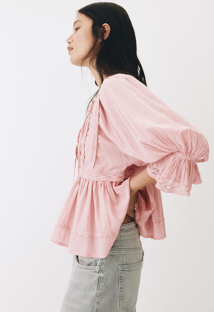 H&M - Lace-trimmed cotton blouse - pink