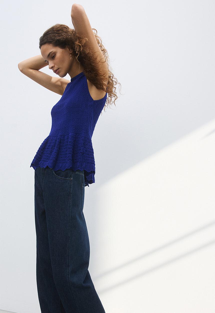 H&M - Pointelle-knit peplum top - bright blue