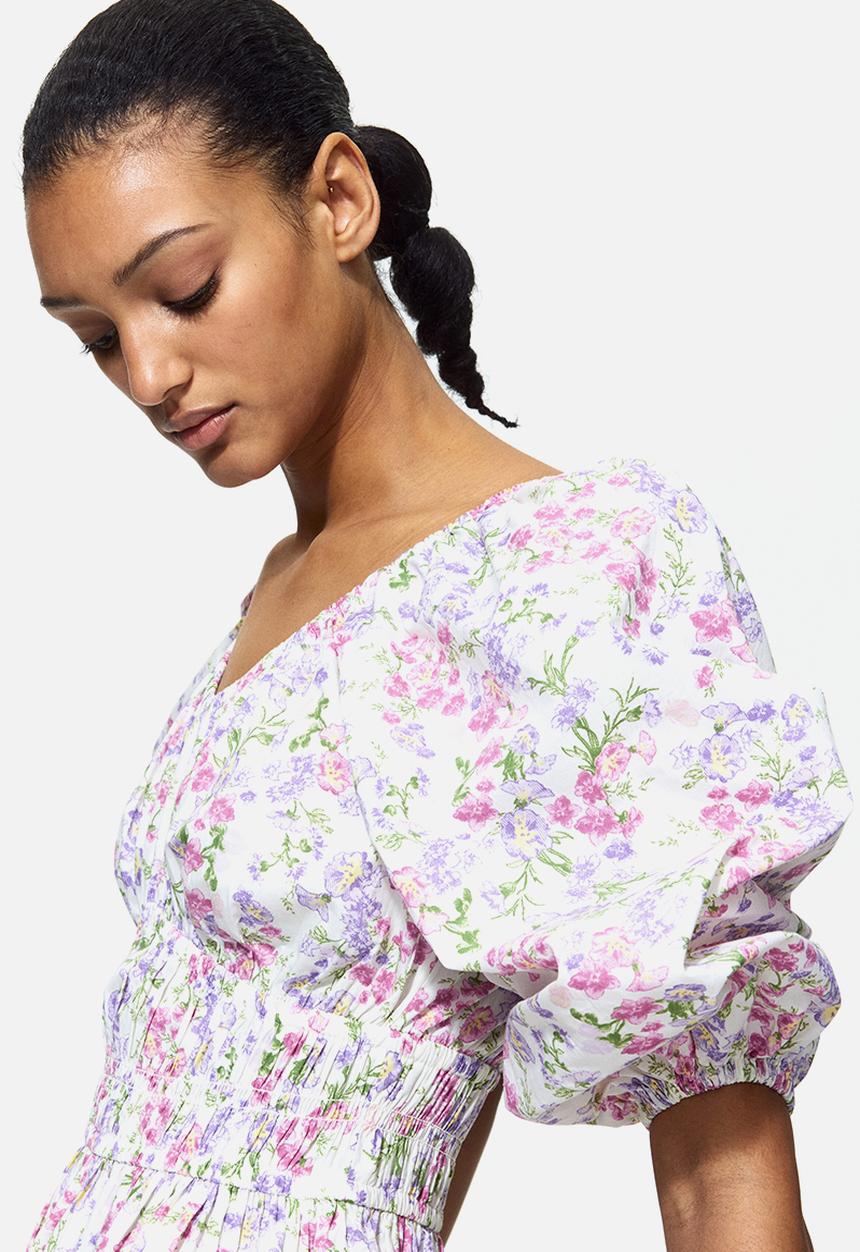 H&M - Flared-skirt cotton dress - white/floral