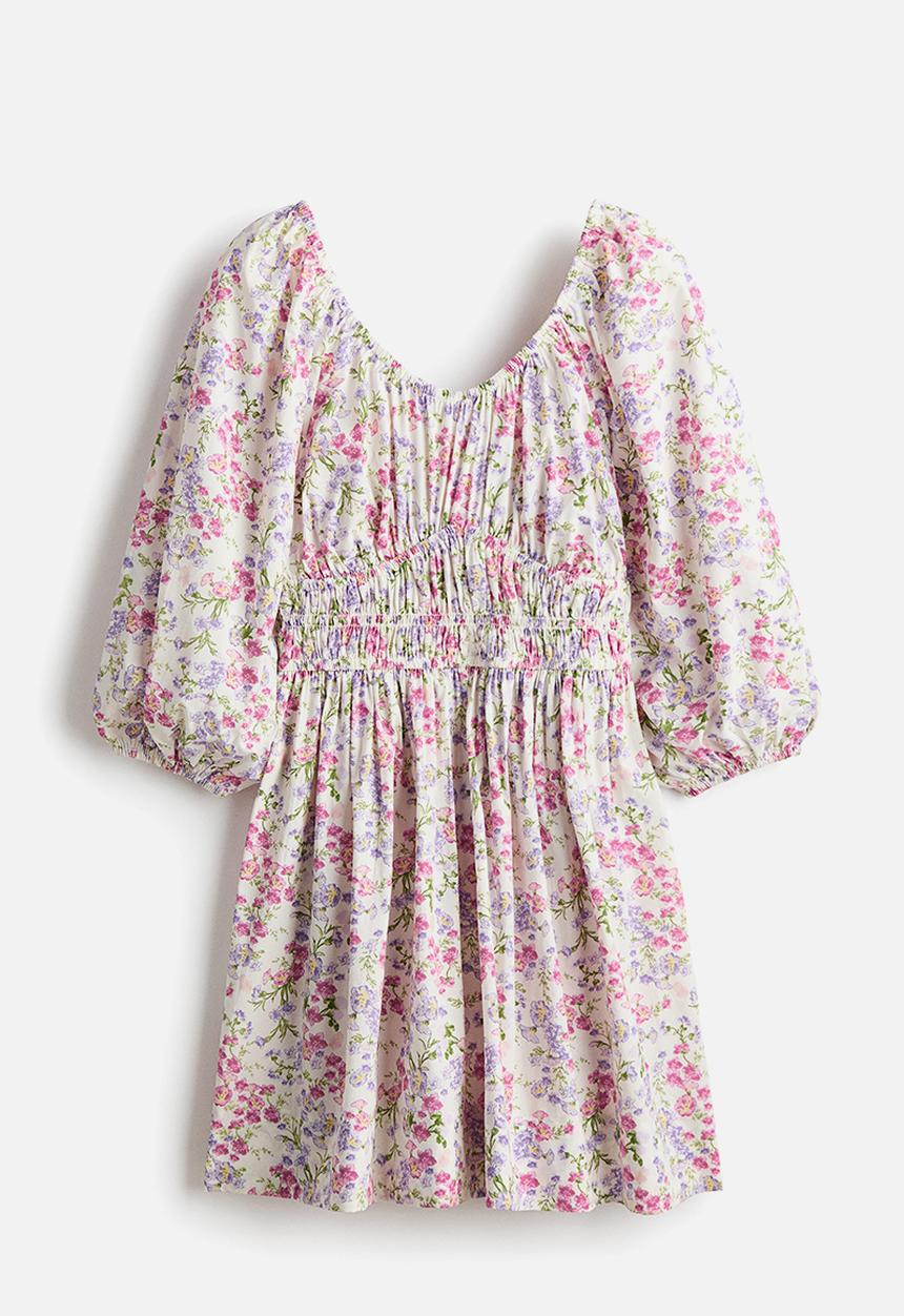 H&M - Flared-skirt cotton dress - white/floral
