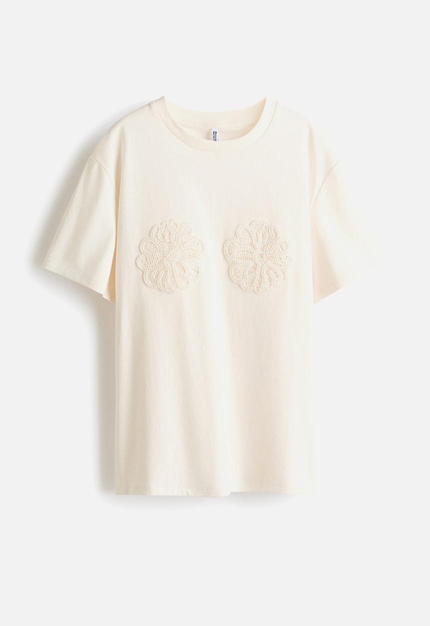 H&M - Appliquéd T-shirt - cream