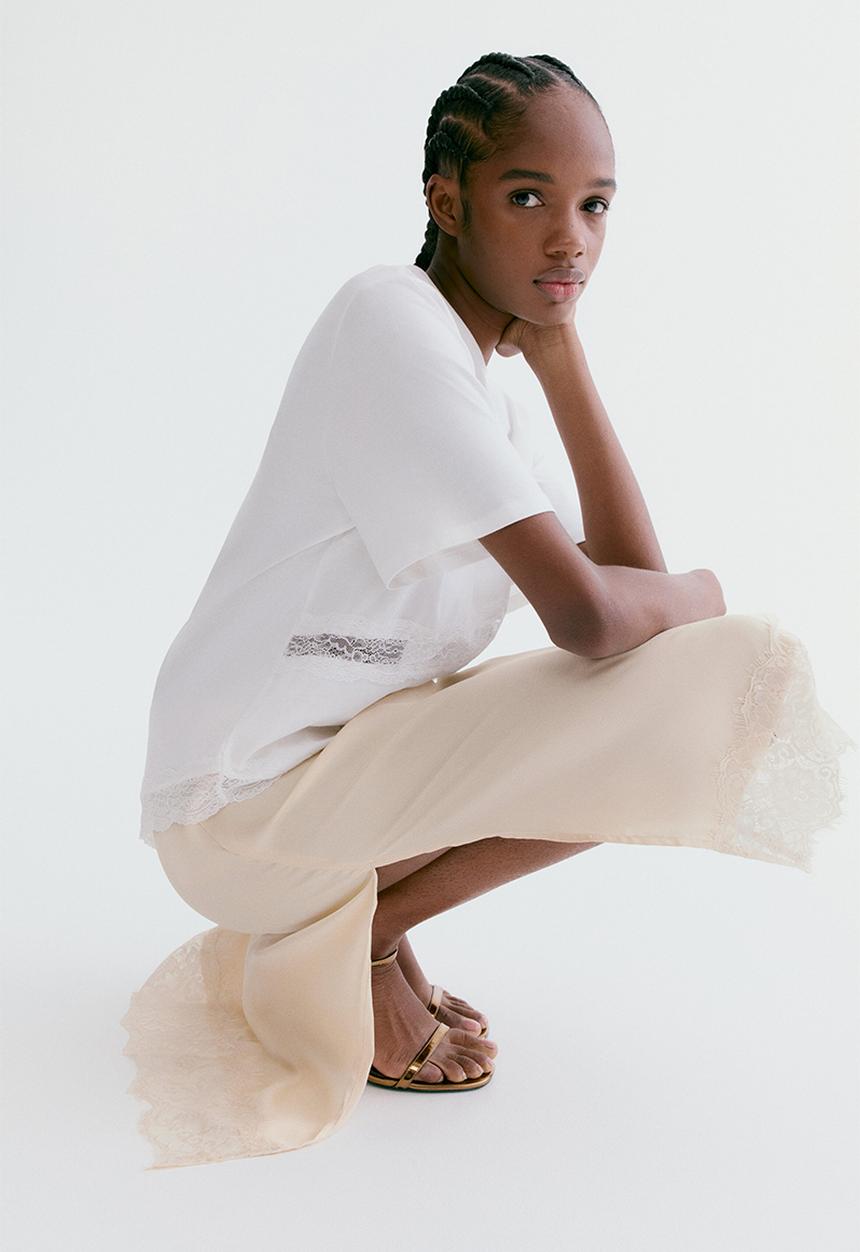 H&M - Lace-trimmed skirt - light beige