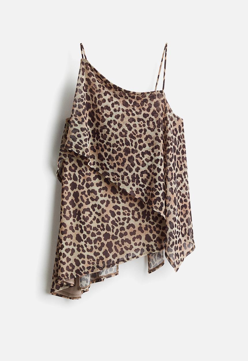 H&M - Asymmetric mesh top - light beige/leopard print