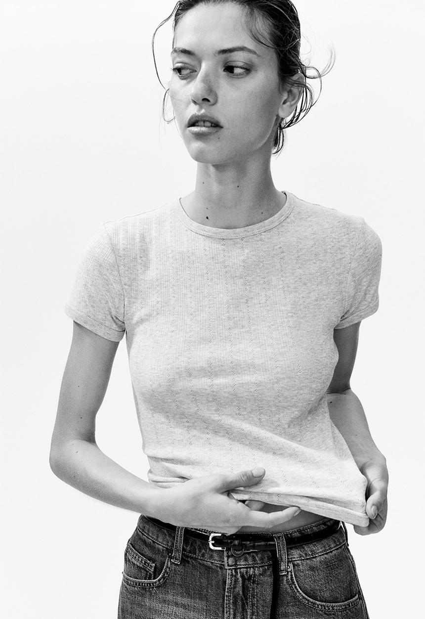 H&M - Pointelle-knit t-shirt - light grey marl