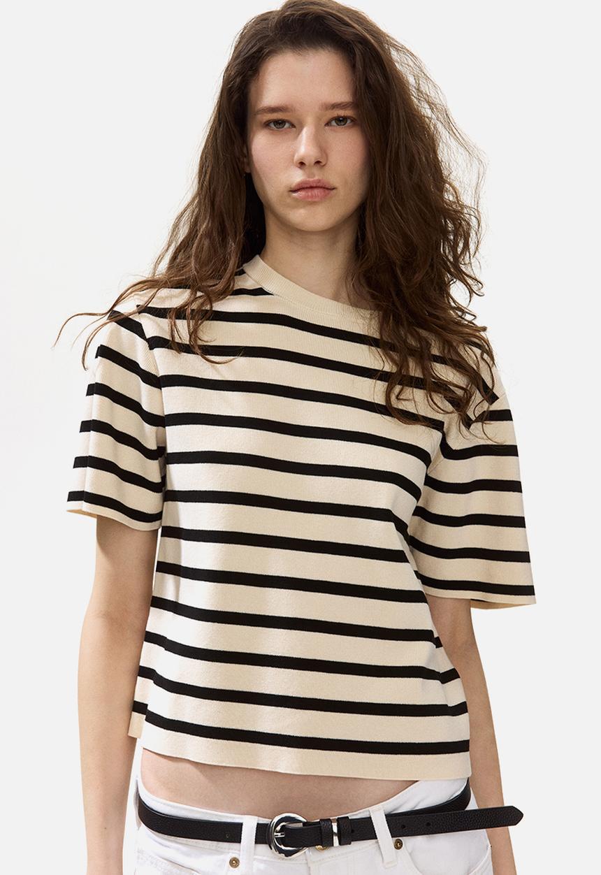 H&M - Knitted t-shirt - light beige/striped
