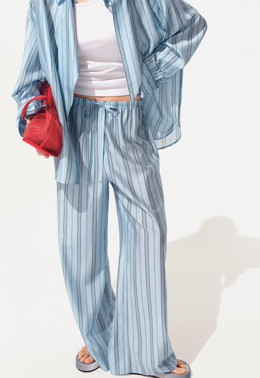H&M - Wide drawstring trousers - light blue/striped