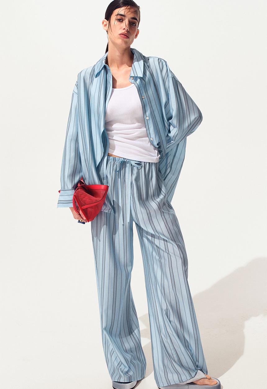 H&M - Wide drawstring trousers - light blue/striped