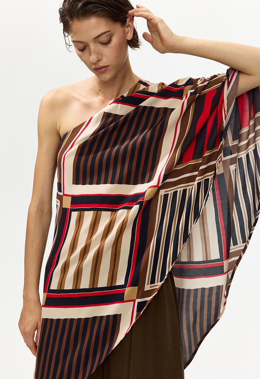 H&M - One-shoulder satin cape top - brown/patterned