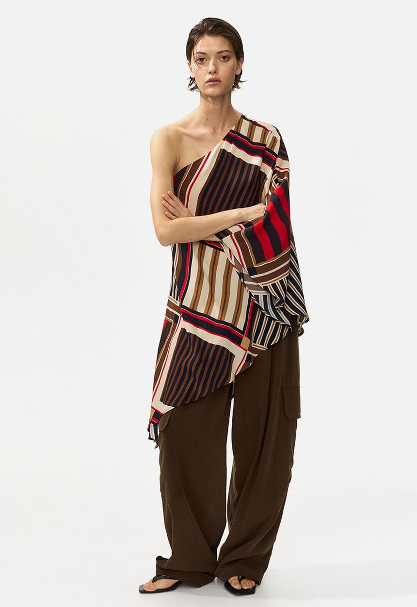 H&M - One-shoulder satin cape top - brown/patterned