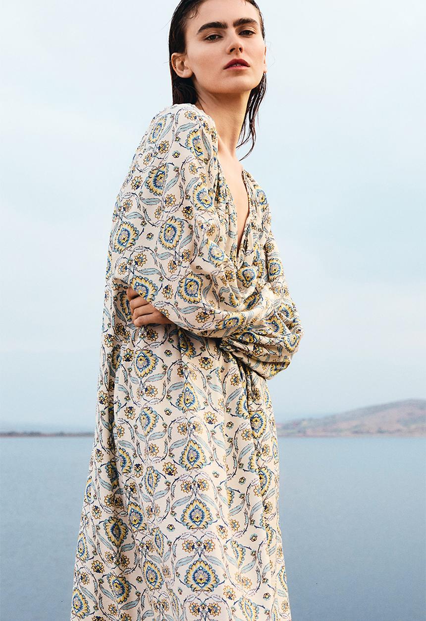 H&M - Oversized tunic dress - light beige/patterned