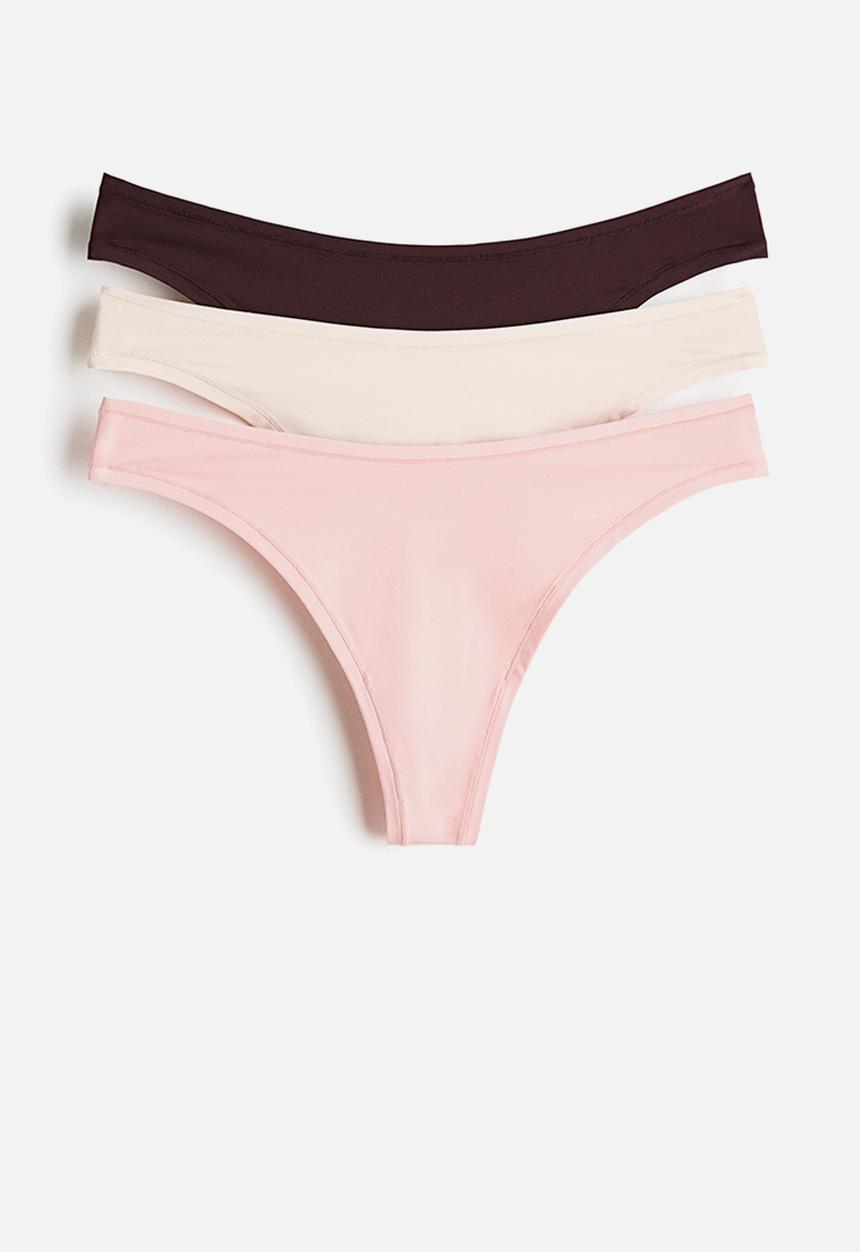 H&M - 3-Pack microfibre thong briefs - dark brown/cream/light pink