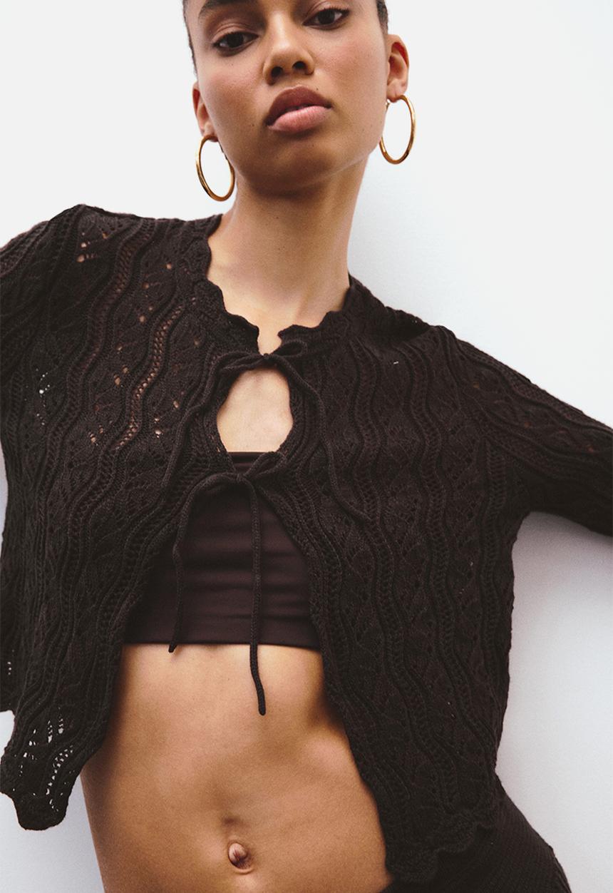 H&M - Pointelle-knit tie-front cardigan - dark brown