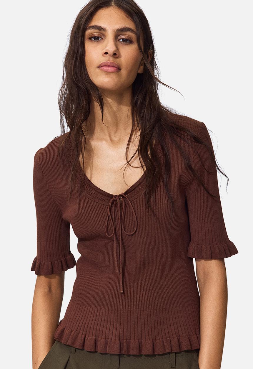 H&M - Frill-trimmed rib-knit top - dark brown