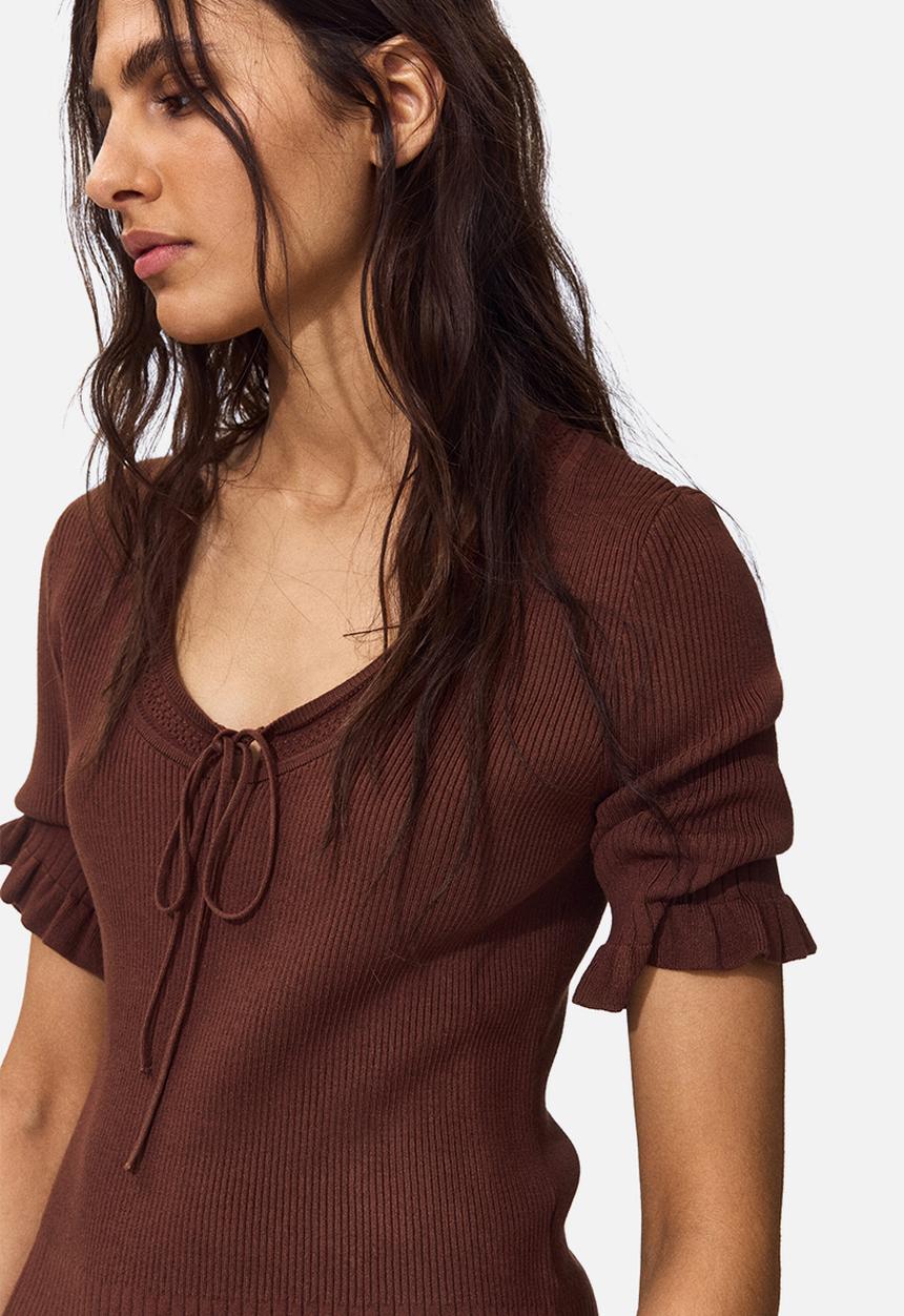 H&M - Frill-trimmed rib-knit top - dark brown