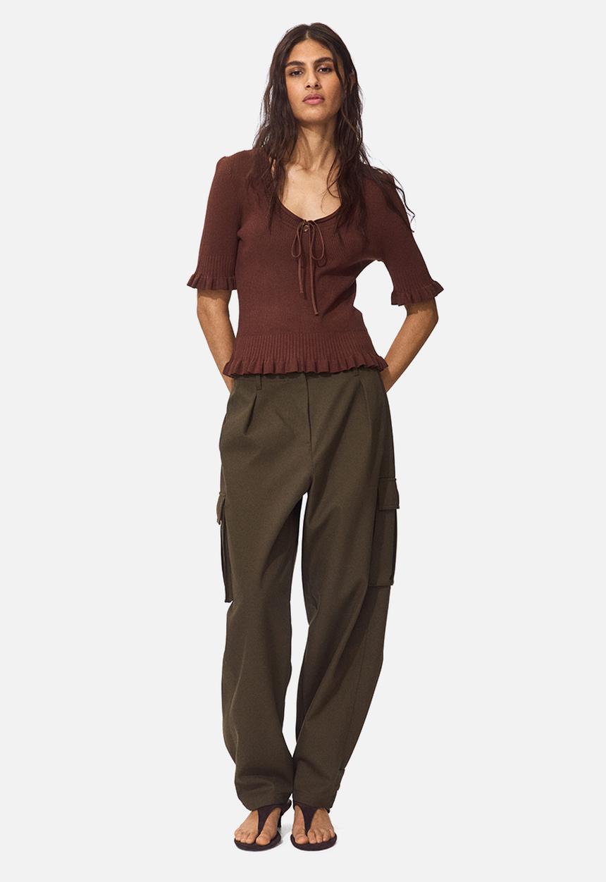 H&M - Frill-trimmed rib-knit top - dark brown