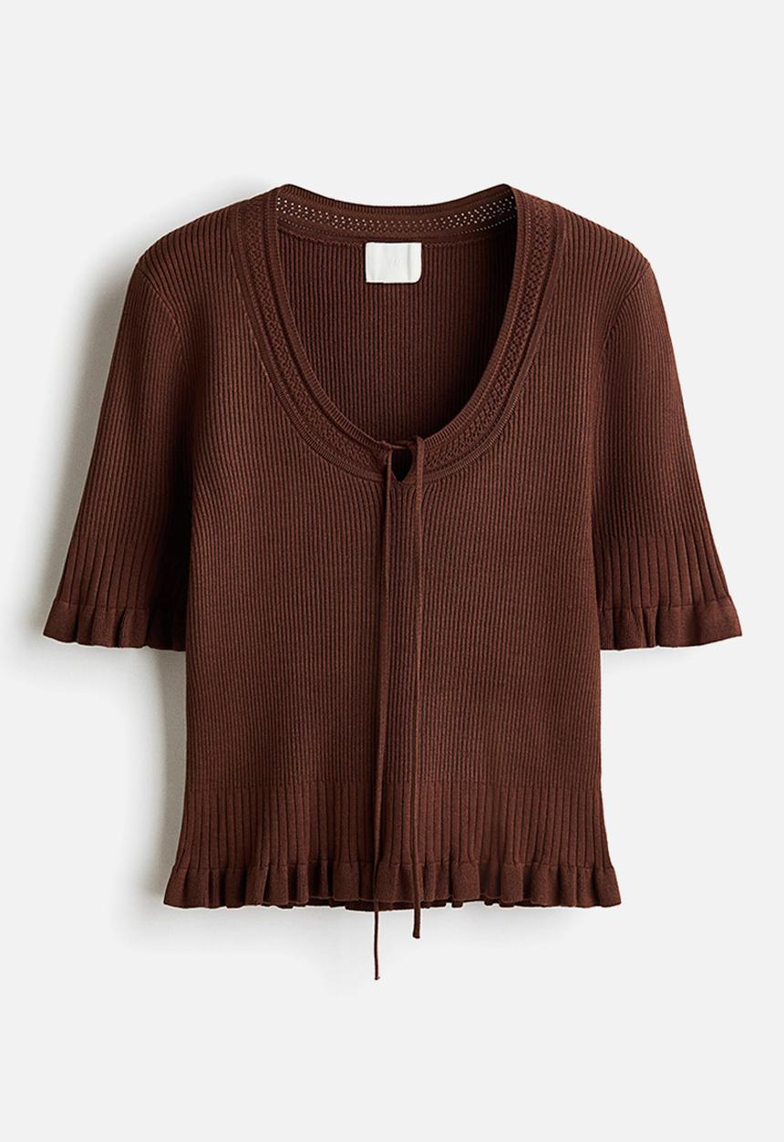 H&M - Frill-trimmed rib-knit top - dark brown
