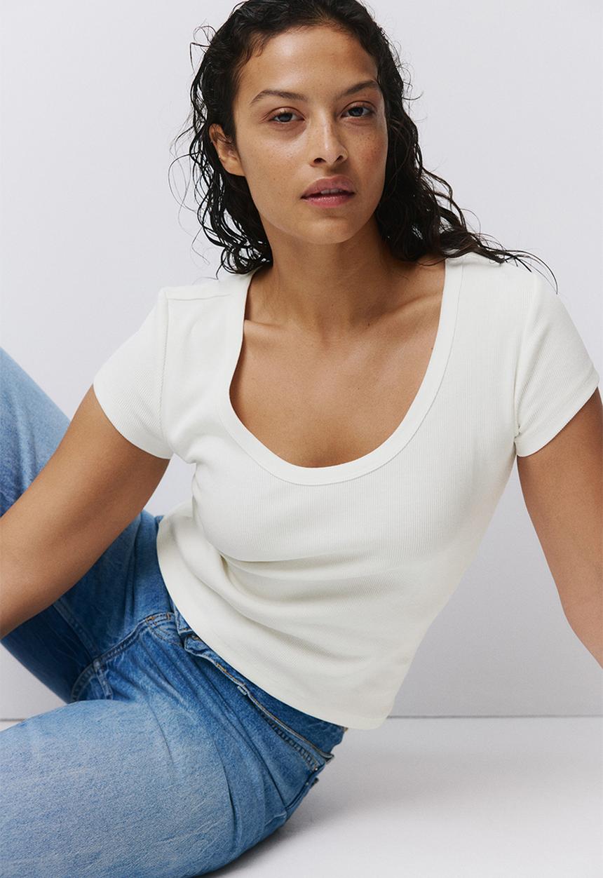 H&M - Ribbed scoop-neck t-shirt - white