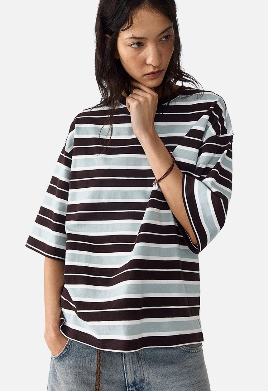 H&M - Oversized cotton t-shirt - dark brown/striped