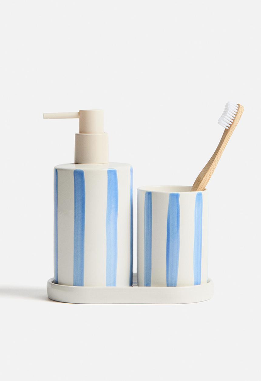 H&M - Stoneware toothbrush mug - white/blue striped