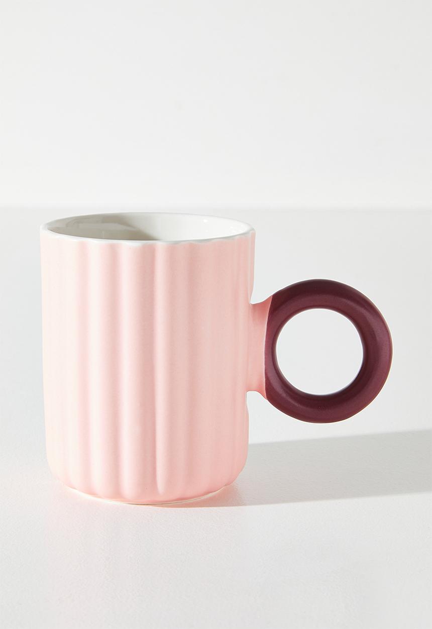 Excellent Houseware - Stripe Relief Mug with Coloured Handle Single 370ml - Pink
