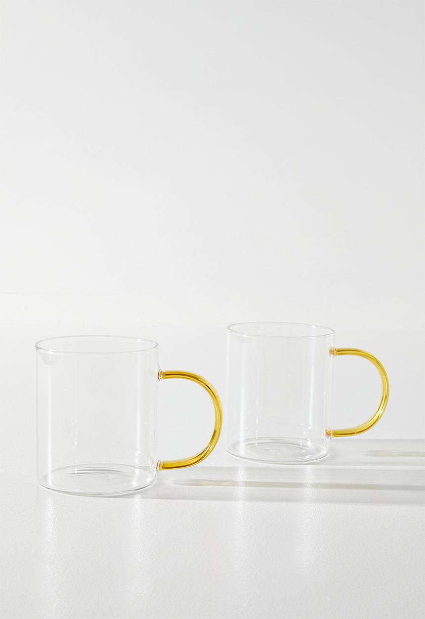 Excellent Houseware - Coffee Glass Mug with Yellow C Handle - 2pcs  400ml