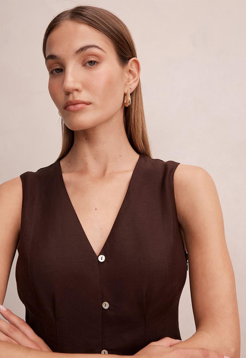 Forever New - Portia pleated linen top - chocolate