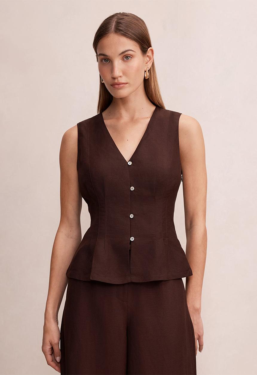 Forever New - Portia pleated linen top - chocolate