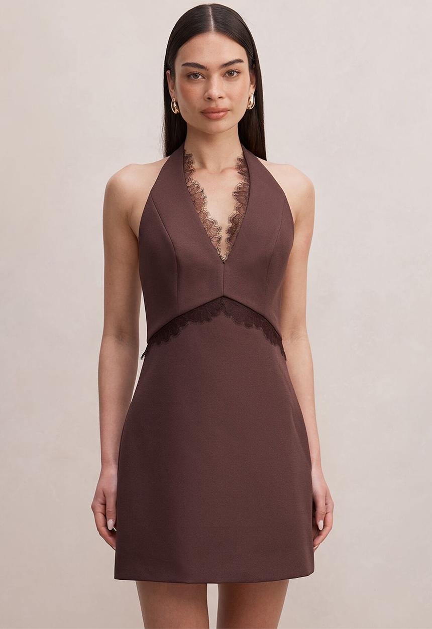 Forever New - Kobi lace halter mini dress - dark chocolate