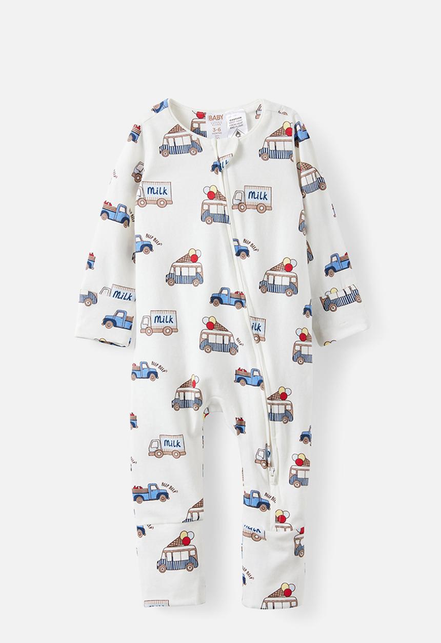 Cotton On - 2 Pack Growie Long Sleeve Zip Romper - Vanilla/Twinkly Stars & Vanilla/Gelato Trucks