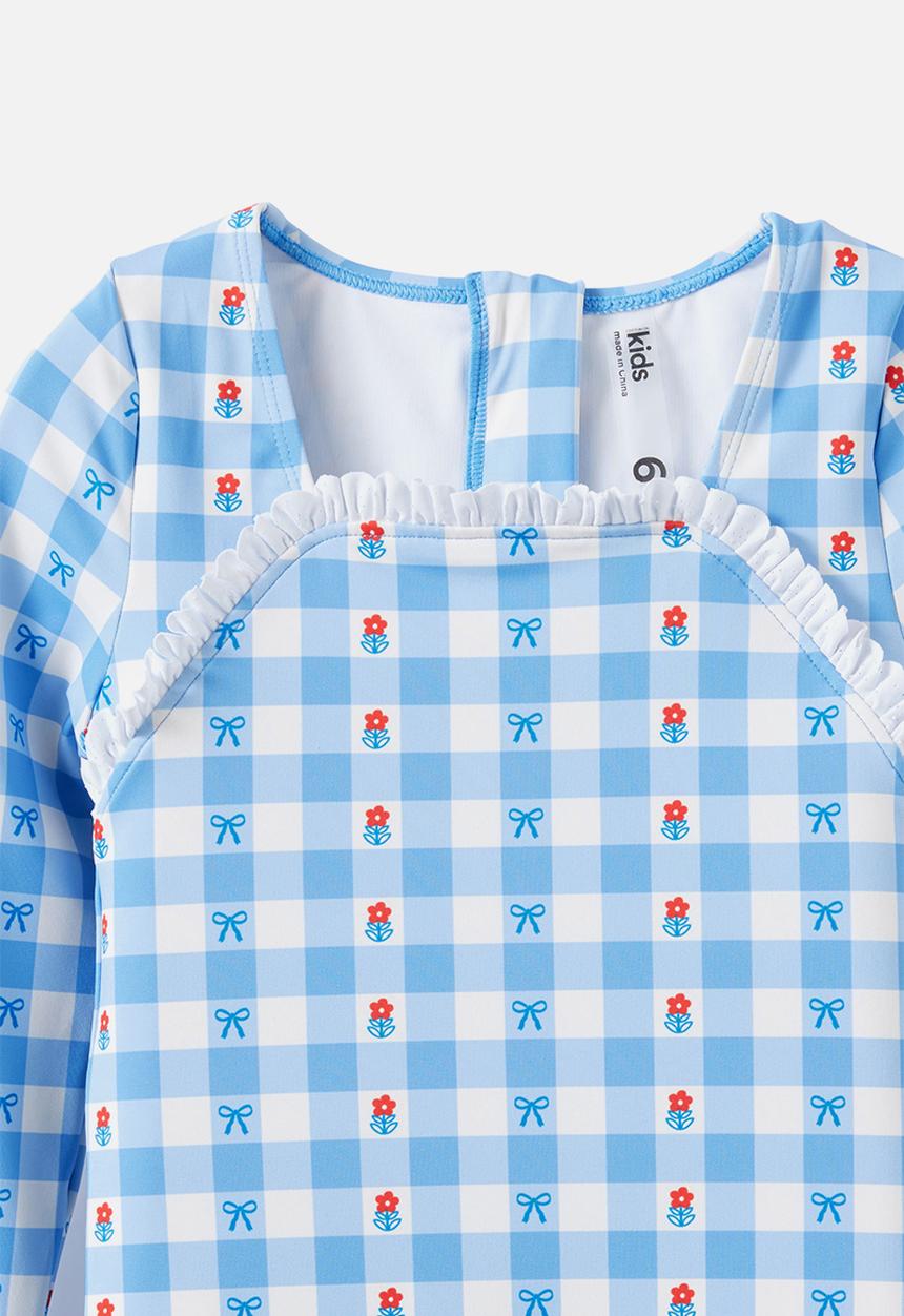 Cotton On - Long Sleeve Boyleg One Piece -  Blue Bonnet Floral Gingham