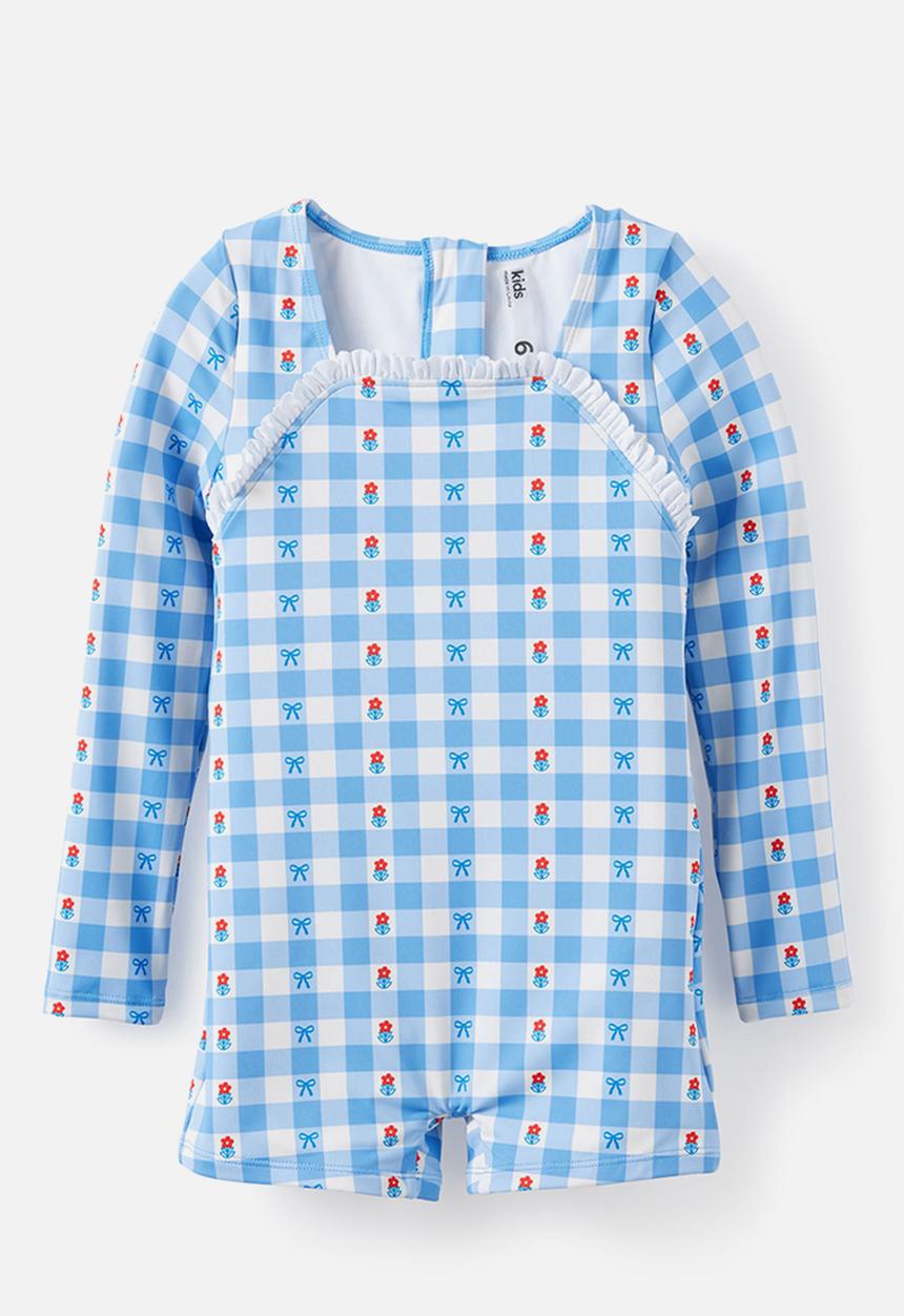 Cotton On - Long Sleeve Boyleg One Piece -  Blue Bonnet Floral Gingham