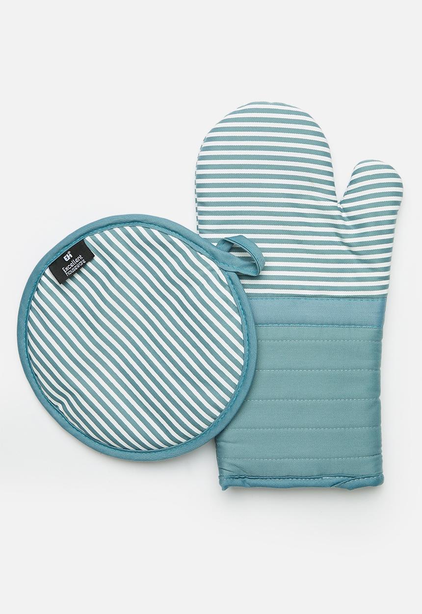 Excellent Houseware - Stripped Oven Mit Set - Blue