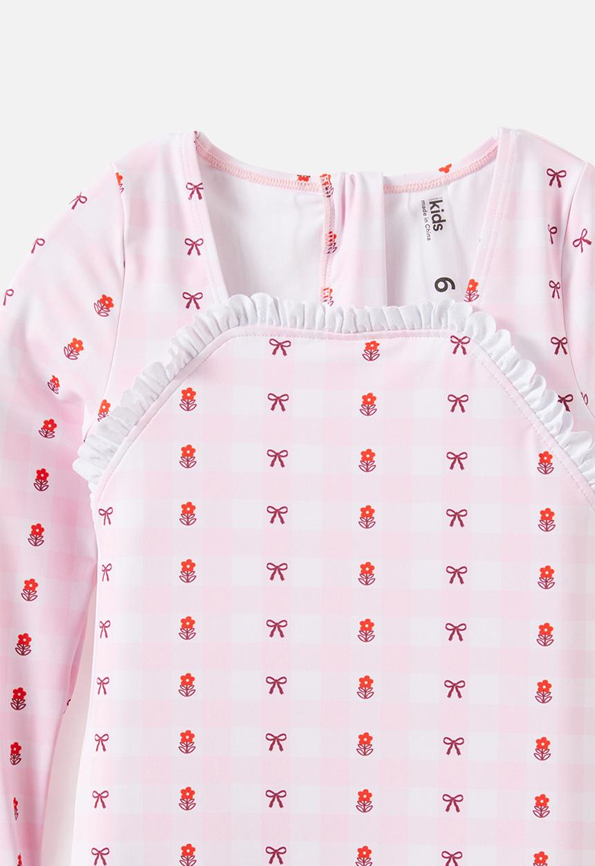 Cotton On - Long Sleeve Boyleg One Piece -  Ballet Pink Floral Gingham