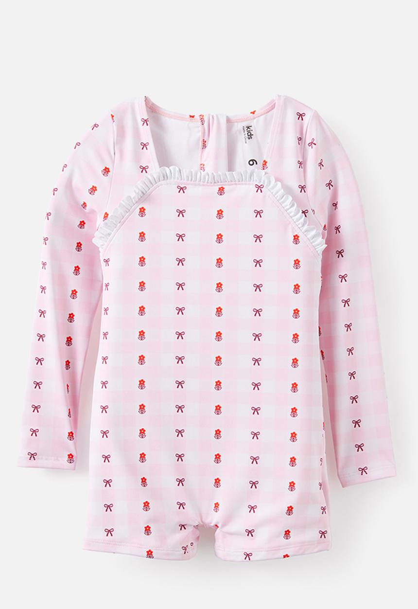 Cotton On - Long Sleeve Boyleg One Piece -  Ballet Pink Floral Gingham
