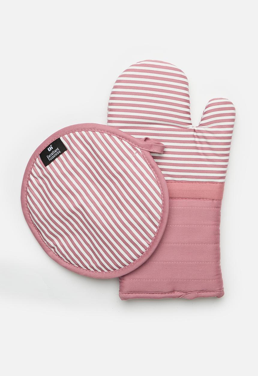 Excellent Houseware - Stripped Oven Mit Set - Pink