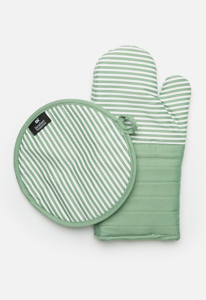 Excellent Houseware - Stripped Oven Mit Set - Green