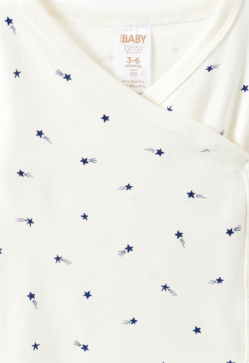 Cotton On - Organic Cross Over Long Sleeve Bubbysuit - Milk/Shooting Stars