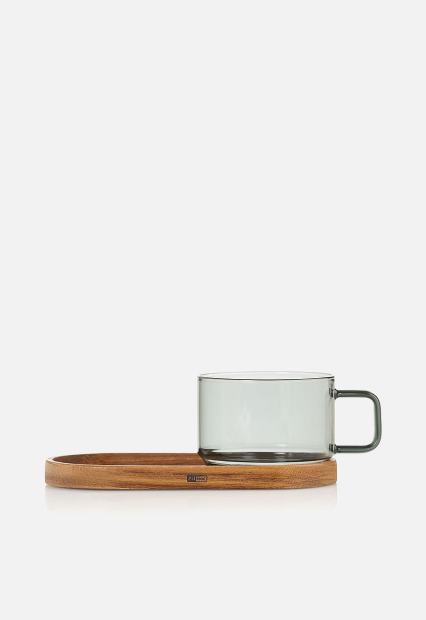 Adhoc - AdHoc Impact Glass Coffee Cup & Acacia Wood Coaster Set – 300ml Mouth-Blown Grey Glass