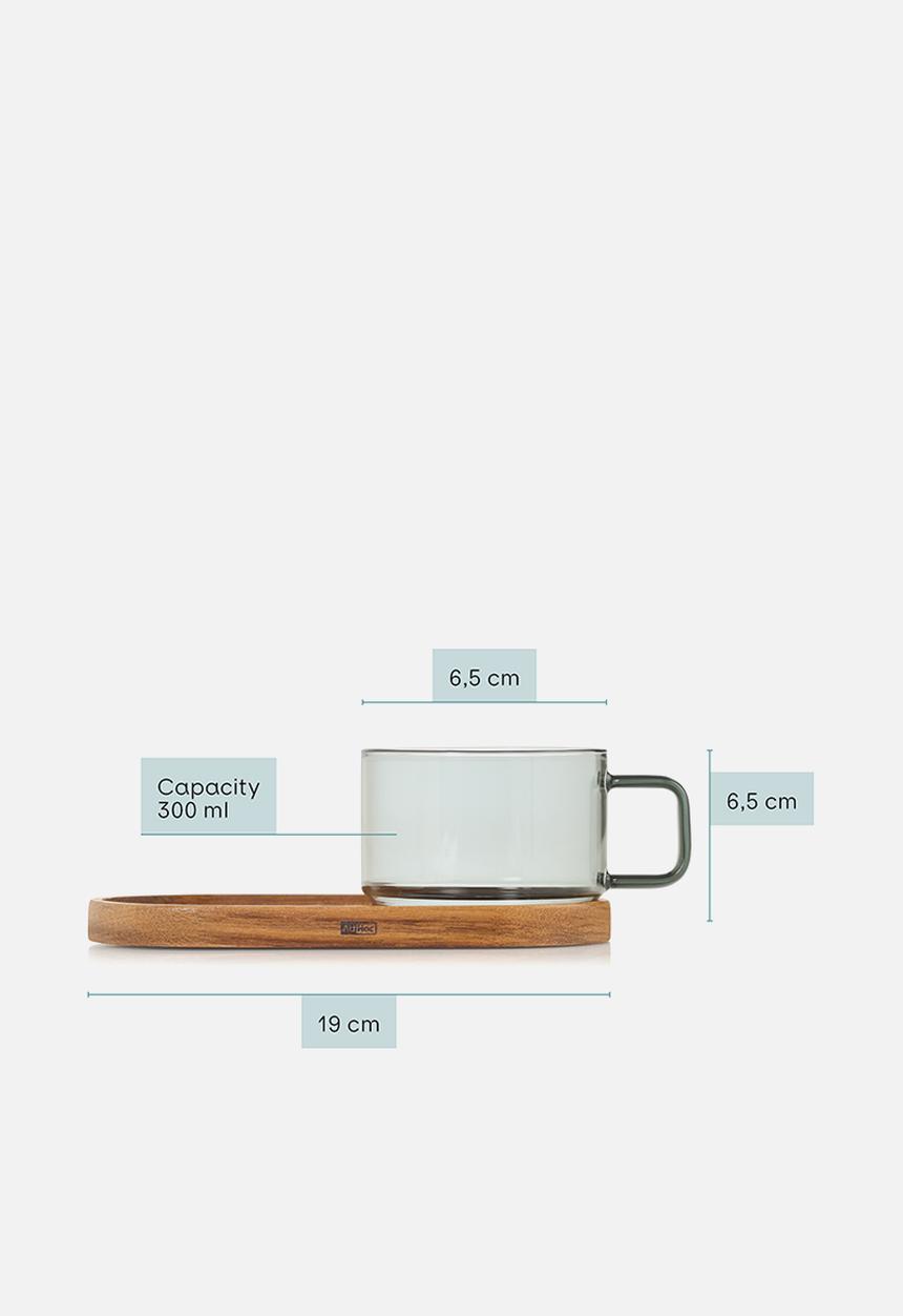 Adhoc - AdHoc Impact Glass Coffee Cup & Acacia Wood Coaster Set – 300ml Mouth-Blown Grey Glass