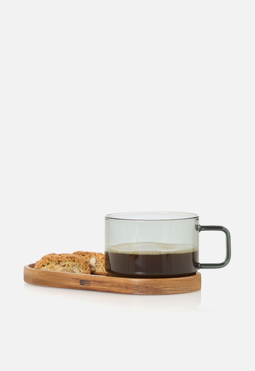 Adhoc - AdHoc Impact Glass Coffee Cup & Acacia Wood Coaster Set – 300ml Mouth-Blown Grey Glass