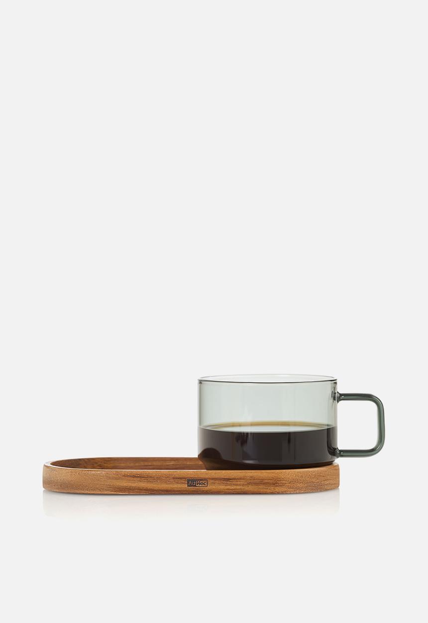 Adhoc - AdHoc Impact Glass Coffee Cup & Acacia Wood Coaster Set – 300ml Mouth-Blown Grey Glass