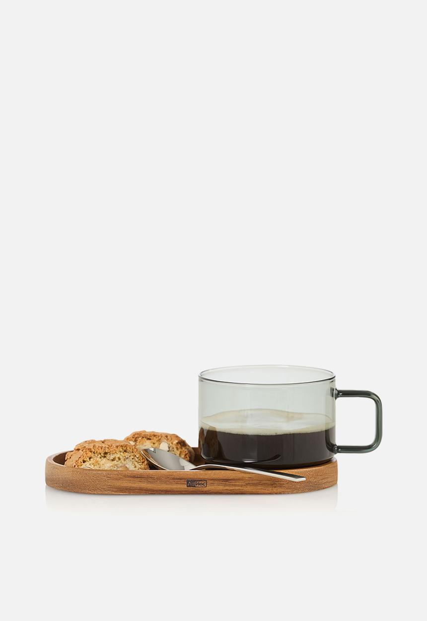 Adhoc - AdHoc Impact Glass Coffee Cup & Acacia Wood Coaster Set – 300ml Mouth-Blown Grey Glass