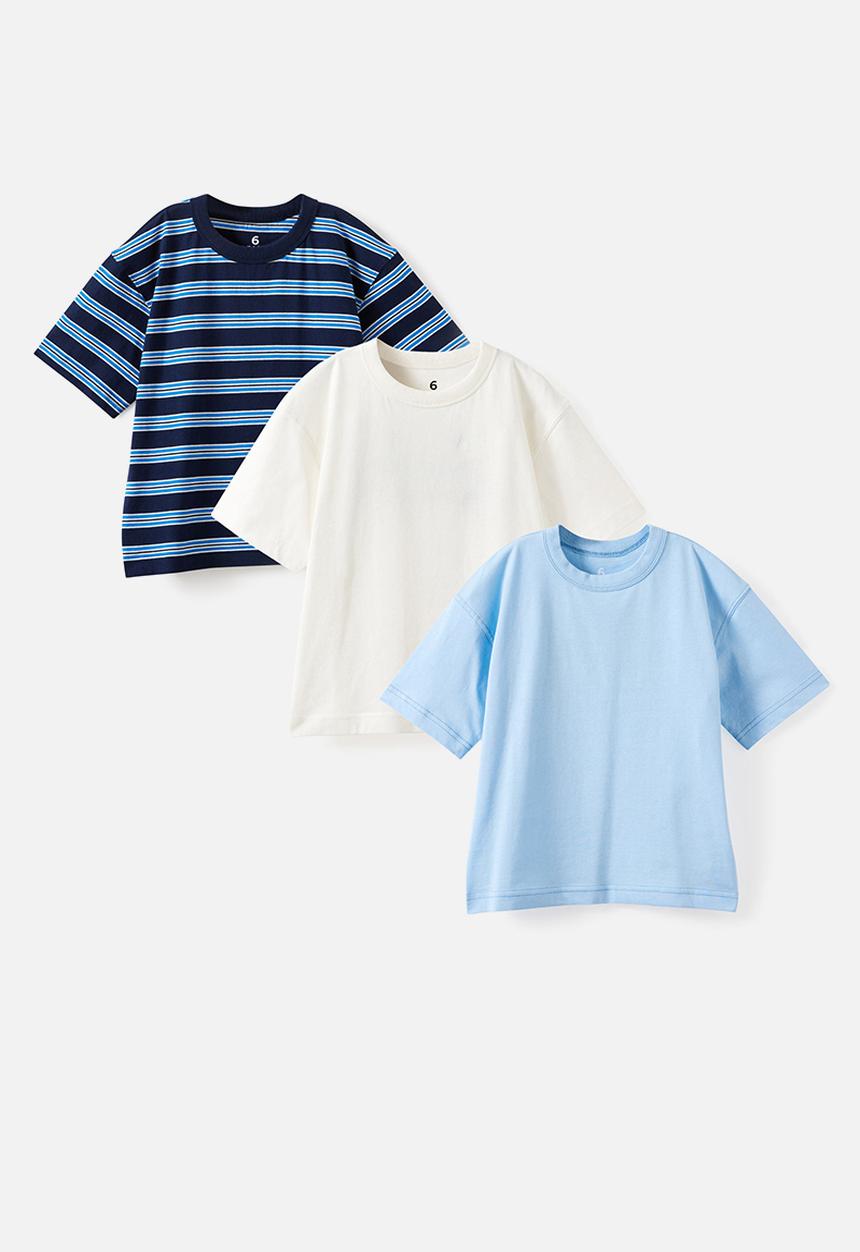 Cotton On - 3 Pack Short Sleeve Essential Tee - Cloud Blue/ Vanilla/Squid Ink Stripe