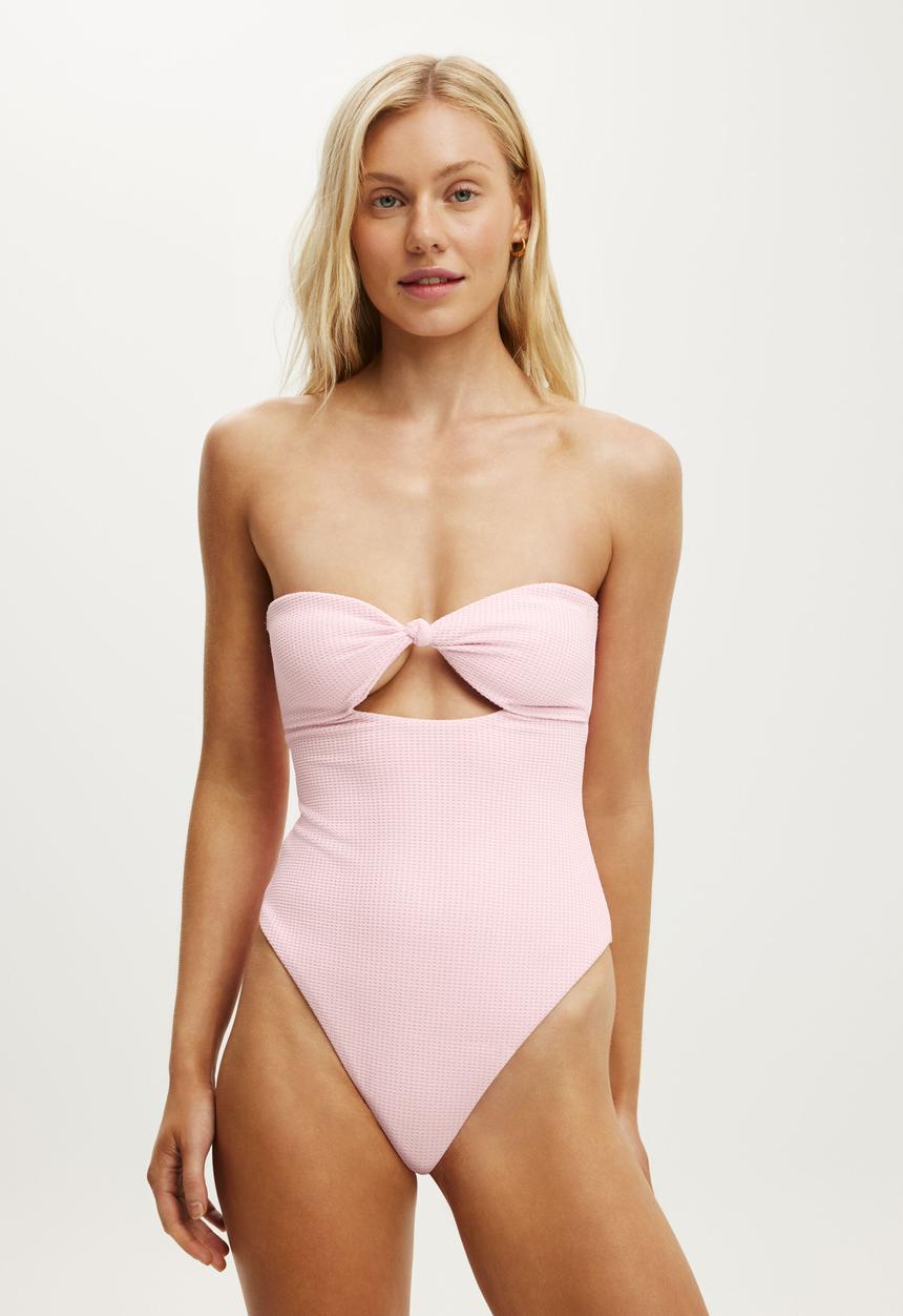 Cotton On - Strapless Knot Front One Piece Brazilian - Pink Petal Waffle