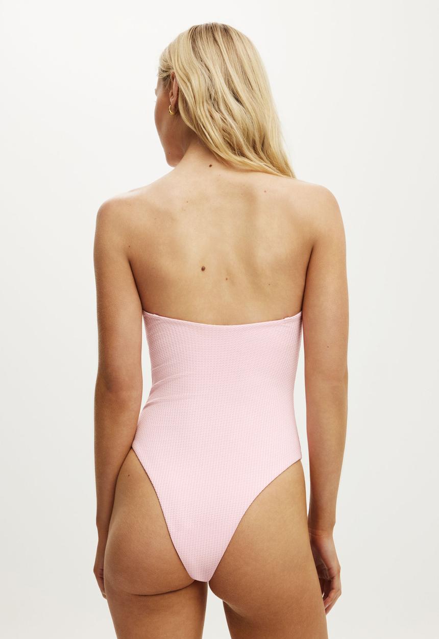Cotton On - Strapless Knot Front One Piece Brazilian - Pink Petal Waffle